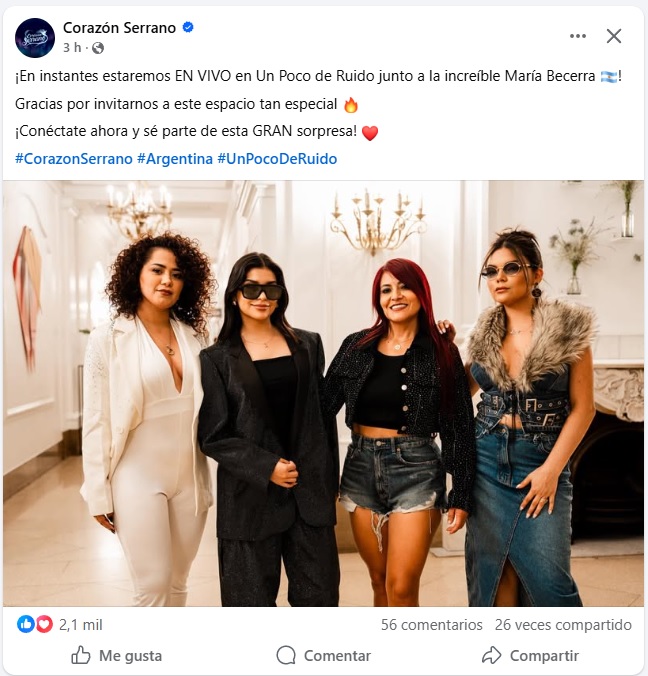 Corazón Serrano anunciando su participación en el podcast Un Poco de Ruido en Argentina 2026